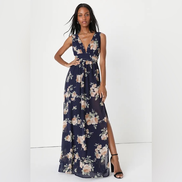 Lulus Dresses & Skirts - Lulus Heavenly Hues Navy Blue Floral Print Maxi Event Dress - Womens Medium- 6/8